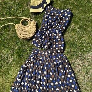 Dual View Japan Polka Dot 2 Piece Set Navy Brown Cotton Skirt Blouse Size 40
